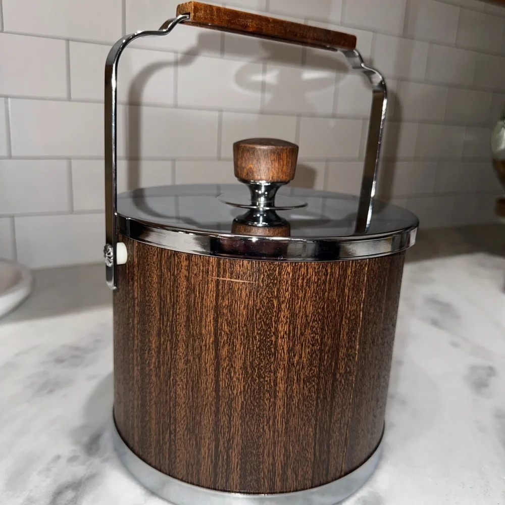 Vintage MCM Atapco Faux Wood Grain & Chrome Ice Bucket